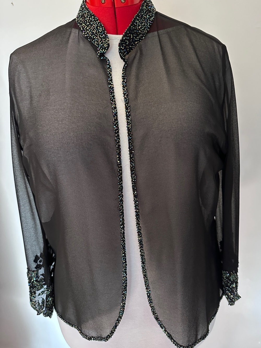 JKARA Black Beaded Sheer Chiffon Jacket | XL | Evening Bolero